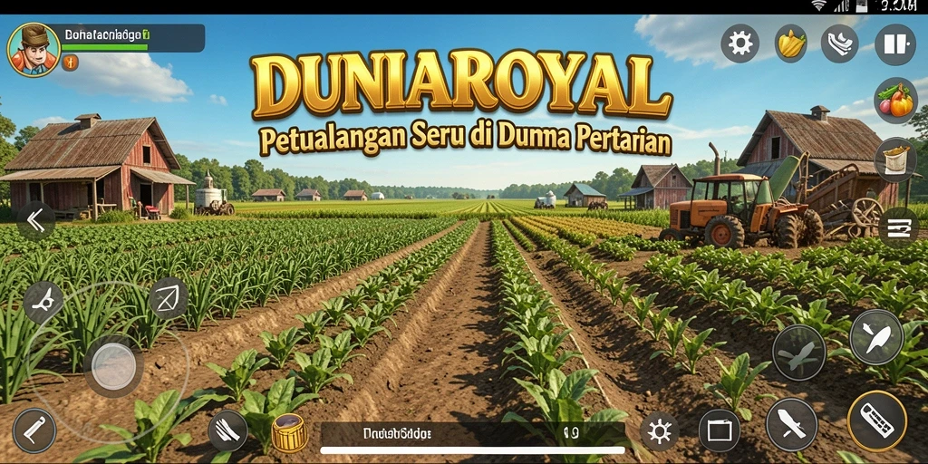 Screenshot gameplay DUNIAROYAL menampilkan petani merawat ladang yang subur.