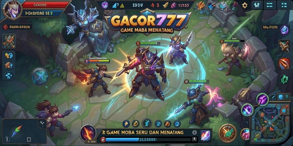 Screenshot gameplay GACOR777 dengan pertarungan intens di arena MOBA.