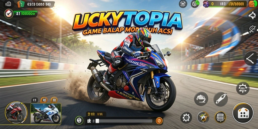 Screenshot LUCKYTOPIA menunjukkan keseruan balapan motor di trek yang menantang.