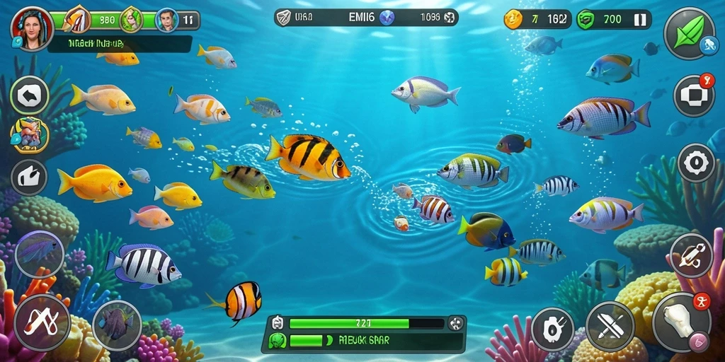 Screenshot utama REMI62 menampilkan aksi seru menembak ikan.