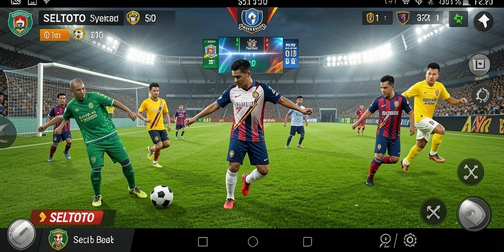 Screenshot utama dari permainan SELTOTO yang menunjukkan aksi sepak bola yang seru.